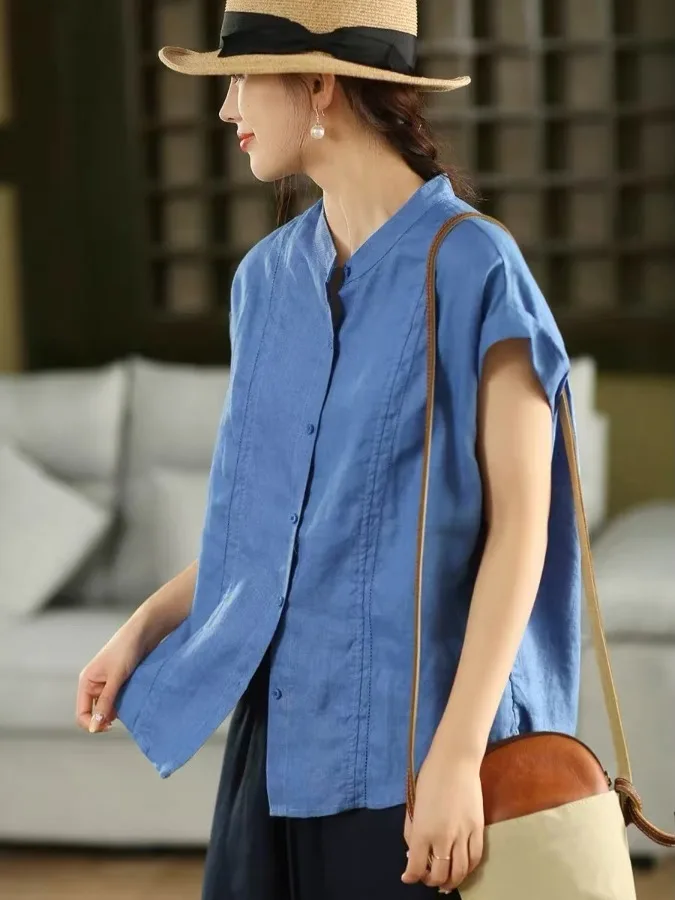 New Summer 2025 Women's irt Linen Hollow out Stand Collar Fre Splicing Blouse Korean Sle Loose Fit Thin Material