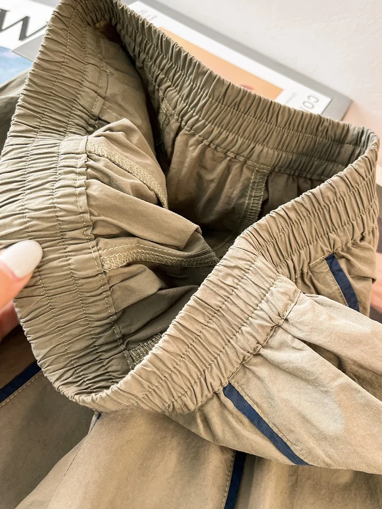 Pantalones de pierna ancha de lino y algodón con contraste retro para mujer Primavera Verano sueltos elásticos de cintura alta adelgazantes drapeados rectos nueve...