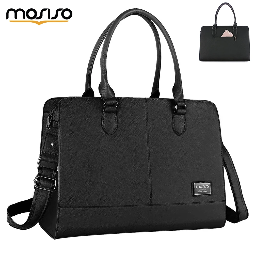 MOSISO Women Laptop Tote Bag 15.6 inch, PU Leather Large Capacity with 3 Layer Compartments Business Work Briefcase