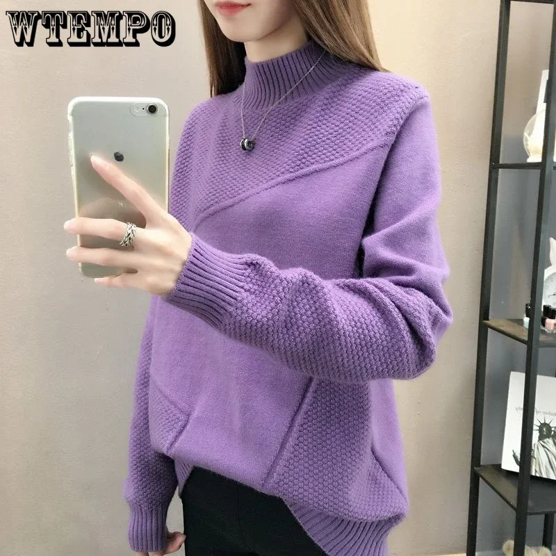 Women\'s Half High Waist Sweater Long Sleeve Korean Style Autumn Winter Pullover Knitted Tops Loose Comfortable Warm Jumper