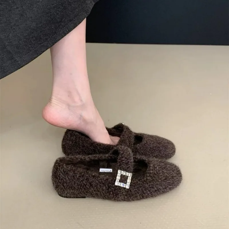 2026 New Winter Warm Fleece Leopard Print Mary Jane Shoes Women Korean Fashion Plush Cotton Padded Shoes