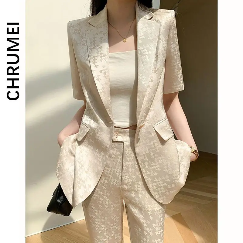 

Women's fashion plaid silk blazer sets 2023 summer single breasted 2 pieces suits lady short sleeve silk blazer coat + trousers