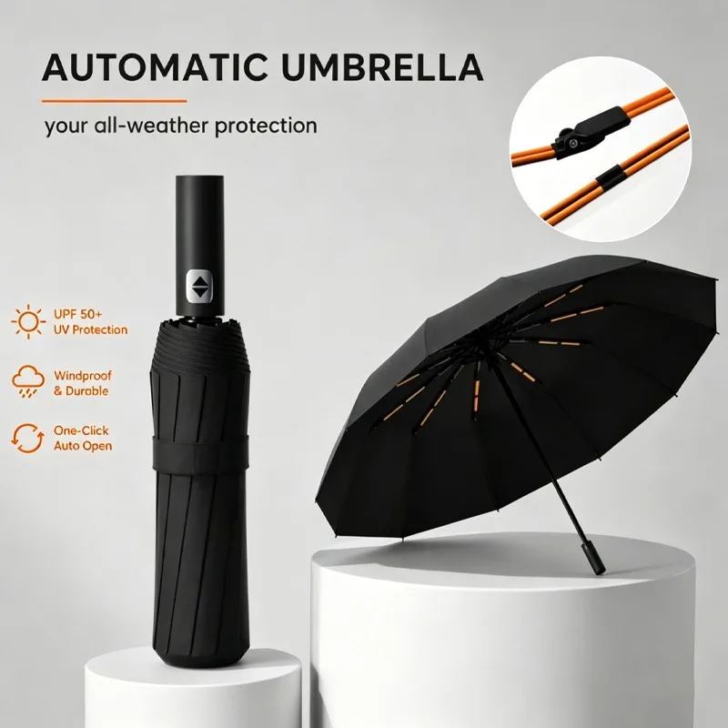 24‑Rib Fully Automatic Folding Umbrella, Large Size Windproof UV Protection UPF50+ One‑Click Open Close Travel Rain Sun Umbrella