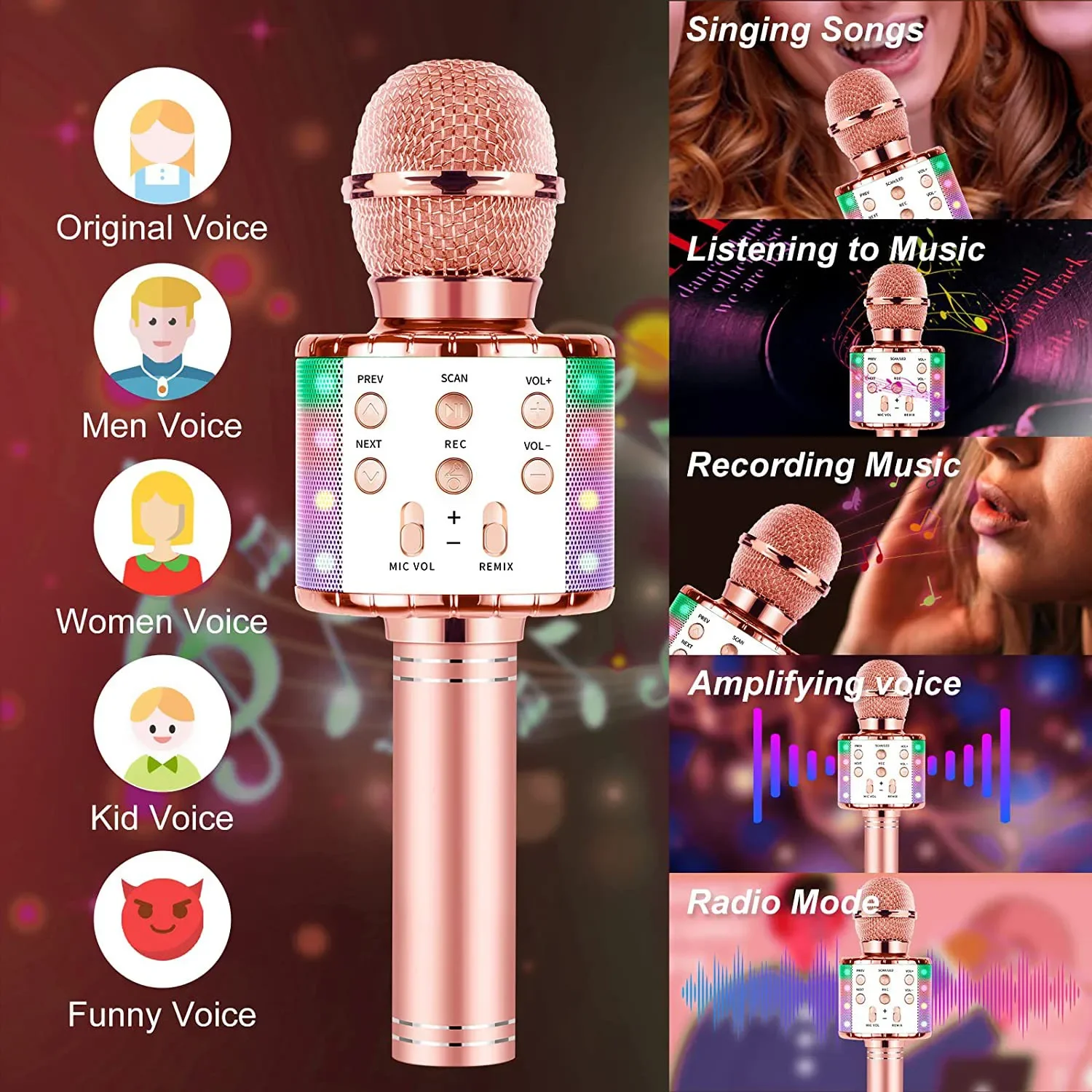 Karaoke Microphone for Kids Singing,5 in 1 Wireless Bluetooth Portable Handheld Mic Speaker Machine Player Recorder Home Gifts