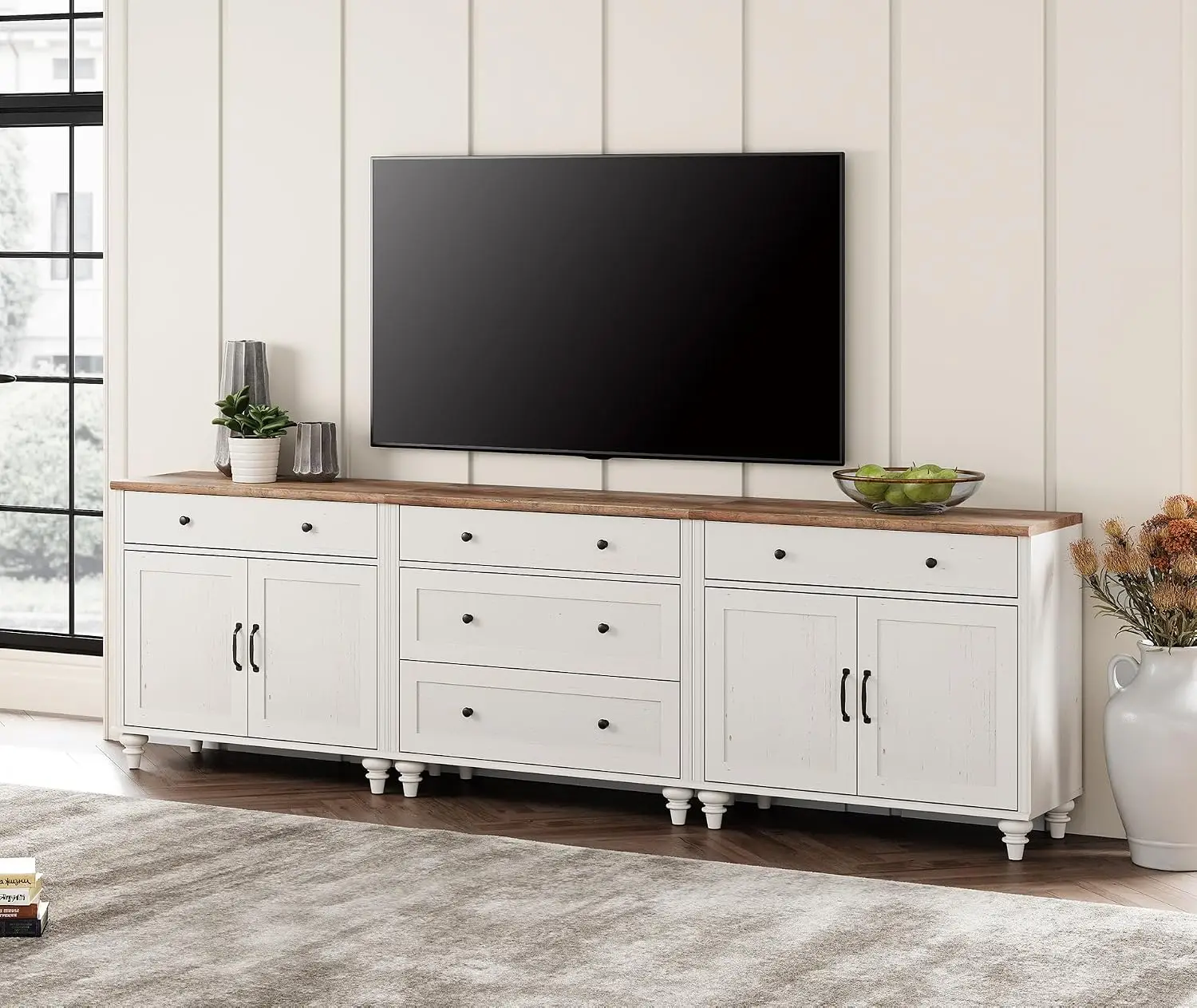 Farmhouse TV Stand Console with 5 Drawers & 4 Doors for 75-100 Inch TV, White, Customized