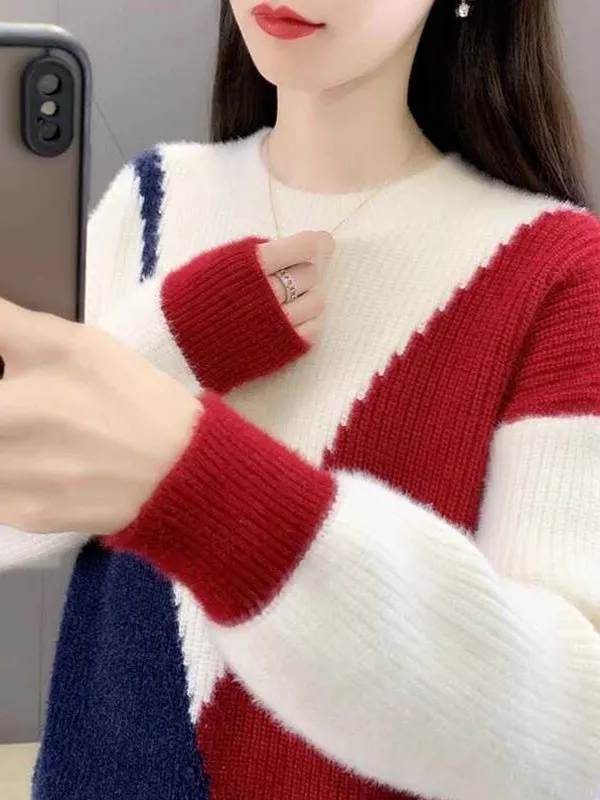 

Thickened Fleece round Neck Loose Knitted Sweater Women's Base Shirt Mink Velvet Autumn Winter New Arrival Color Block Sweater