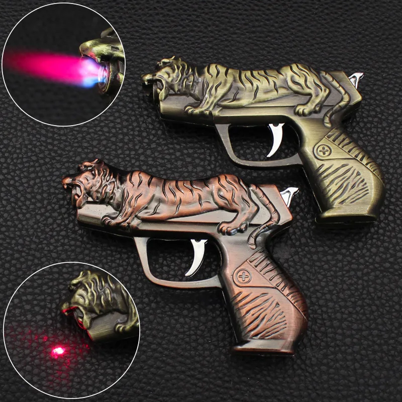 New Metal Tiger Head Laser Light Creative Turbo Lighter Personalized Outdoor Windproof Butane Gas Cigar Lighter Men's Gift