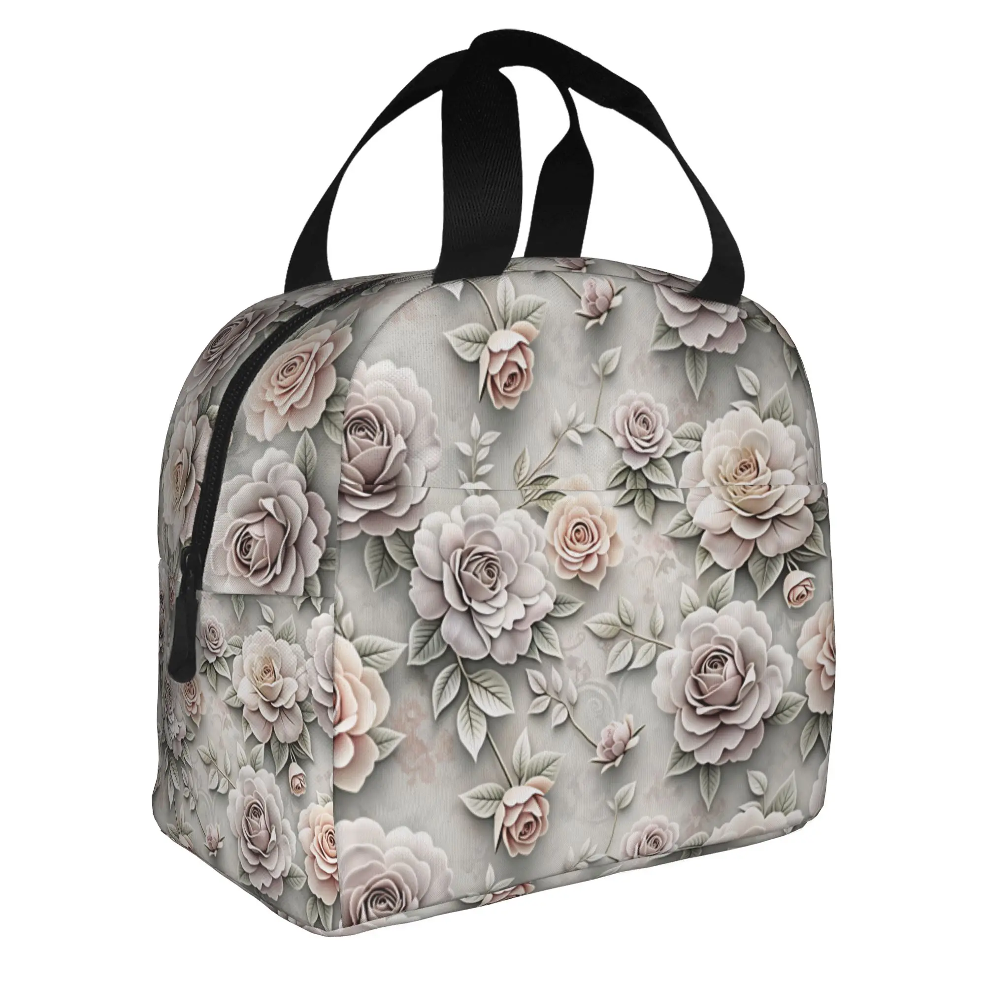 Luxury High 3D Floral Insulated Lunch Tote Bag for Women Fashion Trend 3D Flowers Resuable Thermal Cooler Food Lunch Box School