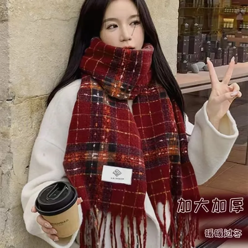Women Winter Burgundy Red Plaid Knit Scarf Korean Premium Thick Warm Cozy Wrap Neck Shawl Students Versatile Trendy Casual