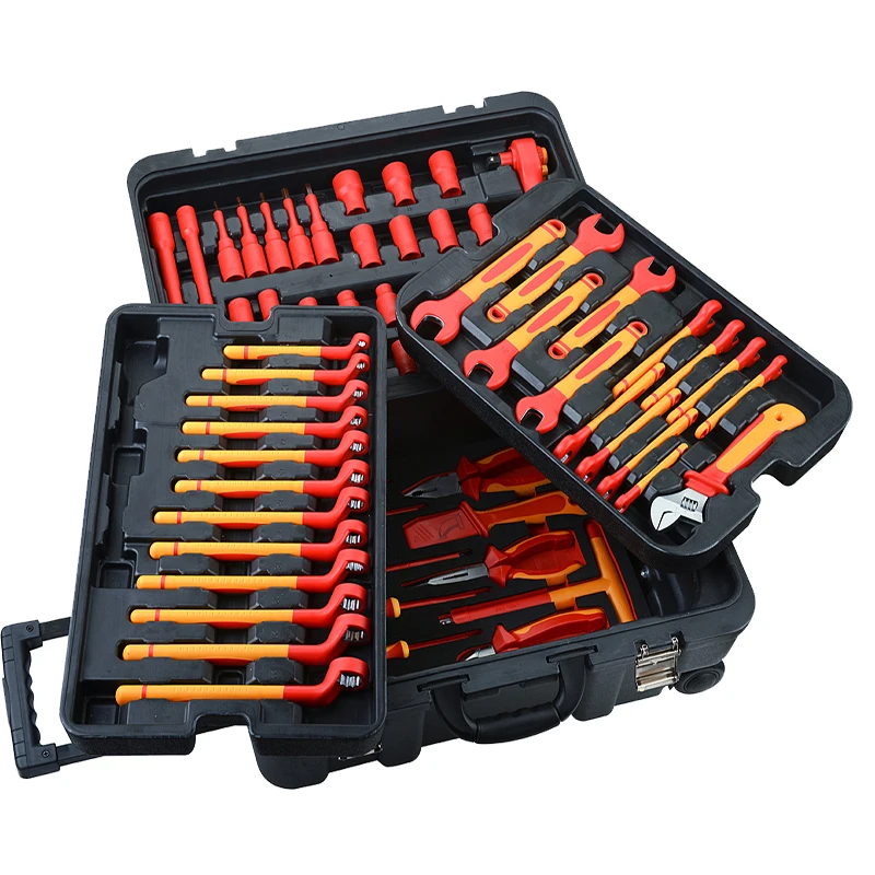 VDE certified 68-piece insulated maintenance tools, 1000V high voltage safe open wrenches and pliers for new energy auto repair