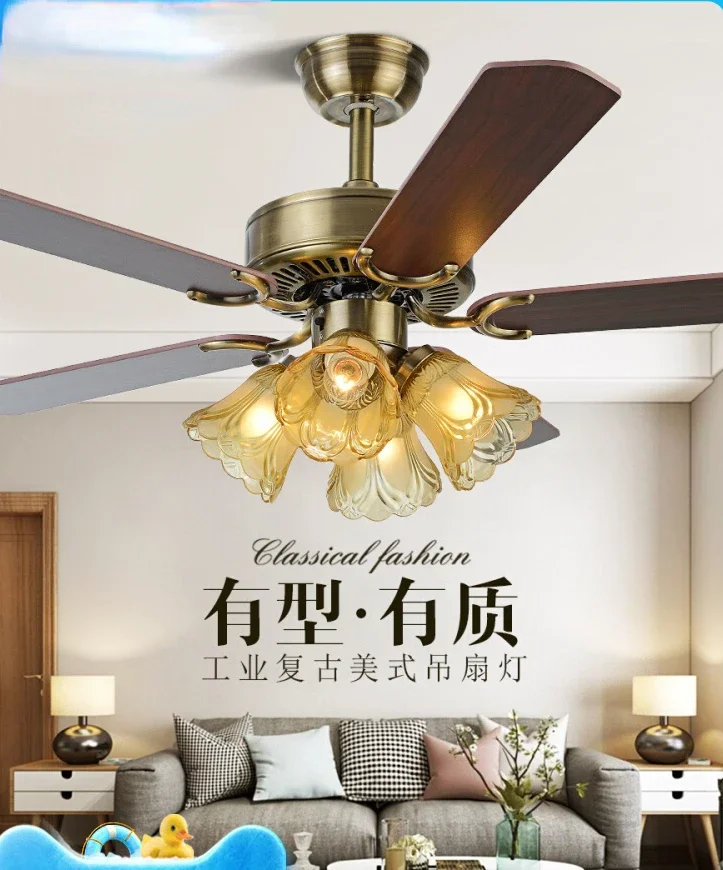 

Iron Leaf Ceiling Fan Lights Wood Leaf Bedroom Electric Fan Lamp Industrial Retro Living Room American Style Chandelier