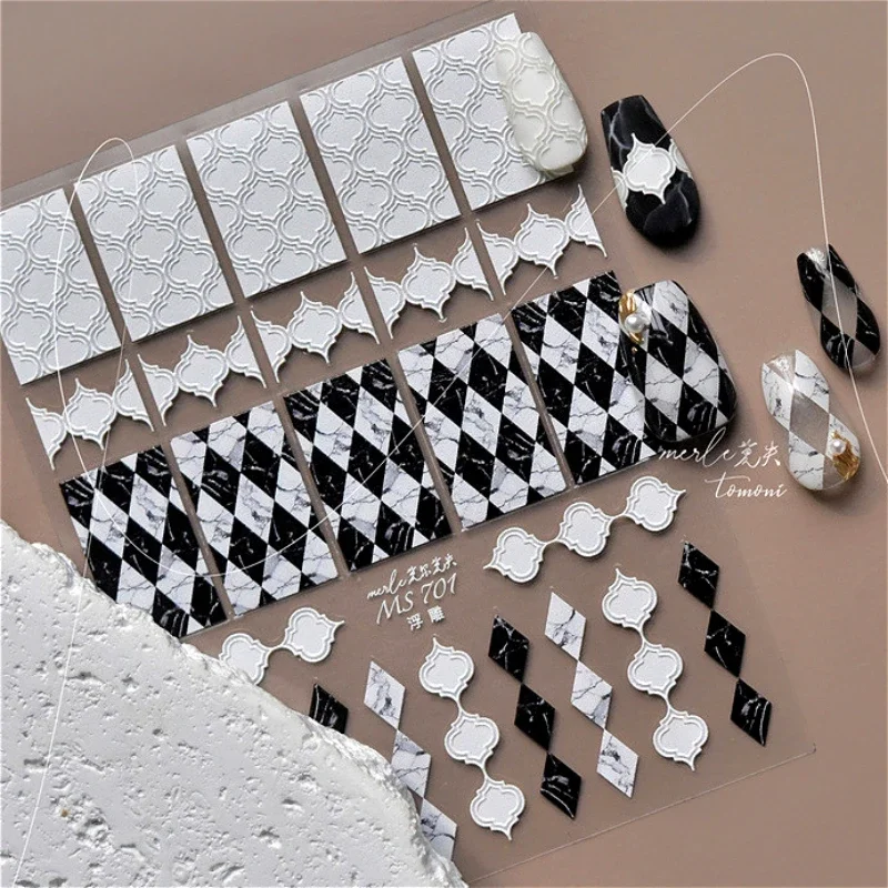 French Style Geometric Black White Square Grid Rhombus Stripe 3D Self Adhesive Nail Art Stickers Shiny Rhinestone Manicure Decal