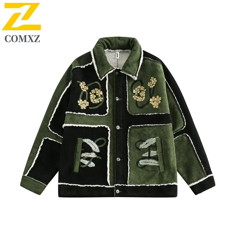 

COMXZ Men Winter Jacket Embroidery Thick Warm Solid Color Ski Trip Cotton Padded Jacket Street Look Stylish Design Padding Coat