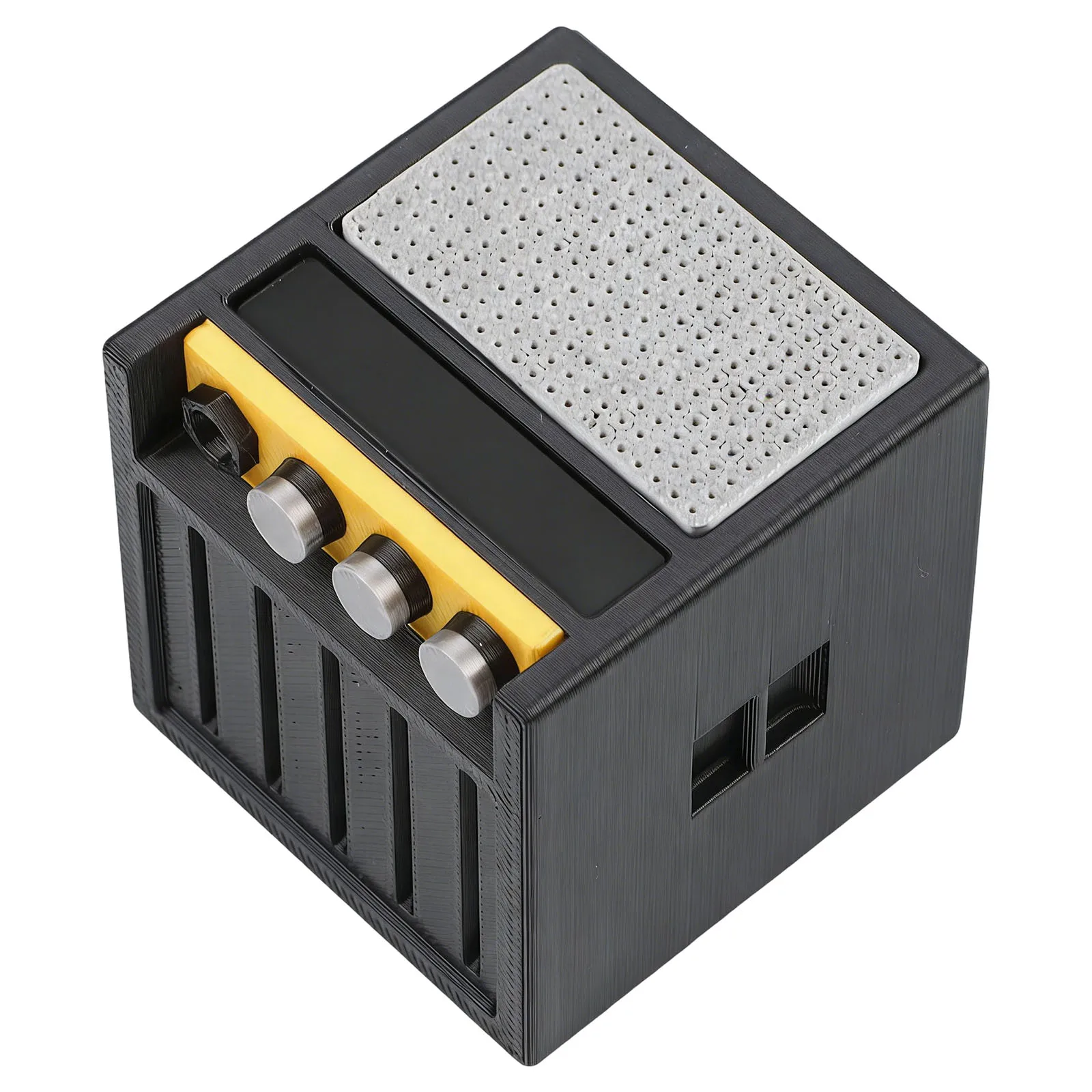 Guitar Pick Holder Box for Black Cube Shape with Mesh Texture Gold Accents Holds 6 Guitar Picks 1.69 Inch Per Side Dimension