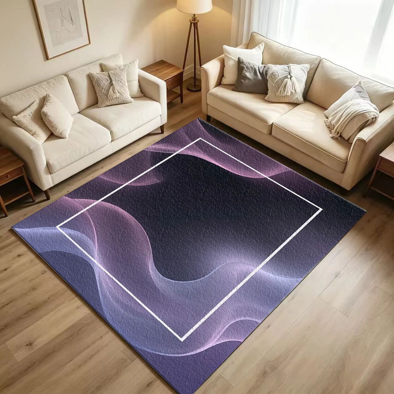 Modern Abstract Purple Gradient Flowing Silk Carpet Flooring Soft Mesh Wave Art Printed Floor Rug for Household Room Home Stylish Decor