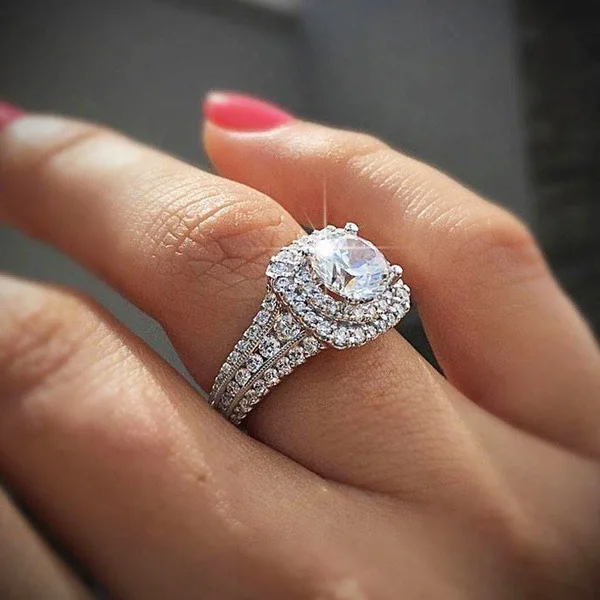 1.5 Carat 4-Prong Set Synthetic Zirconia Single Stone Side Micro-Pave Three Row Ring Plated in White Copper Ladies Style for Val