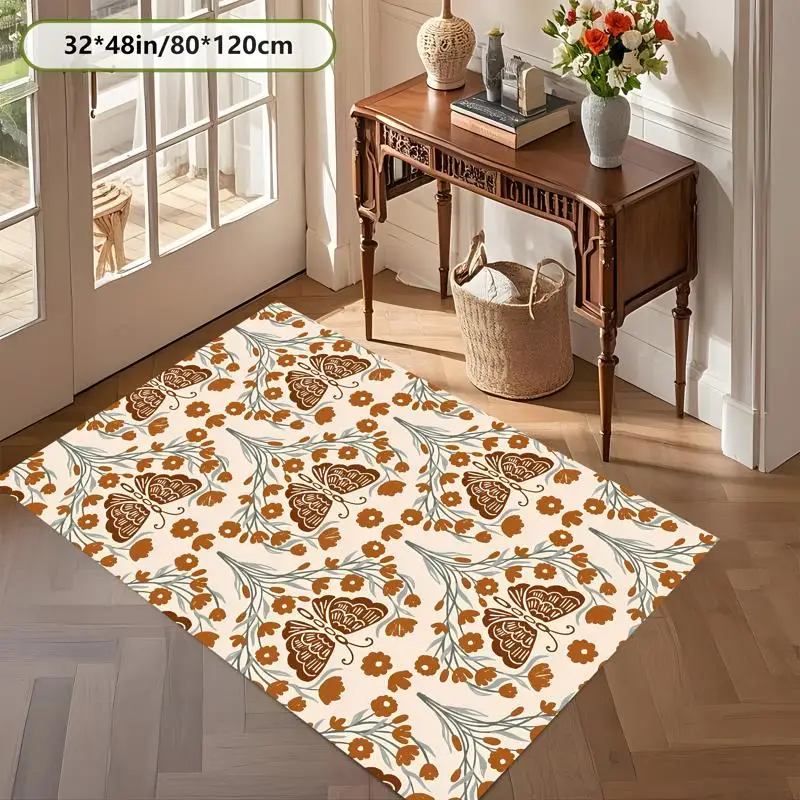 Vintage Butterfly Small Floral Rug Soft Velvet Living Room Bedroom Entryway Home Decor