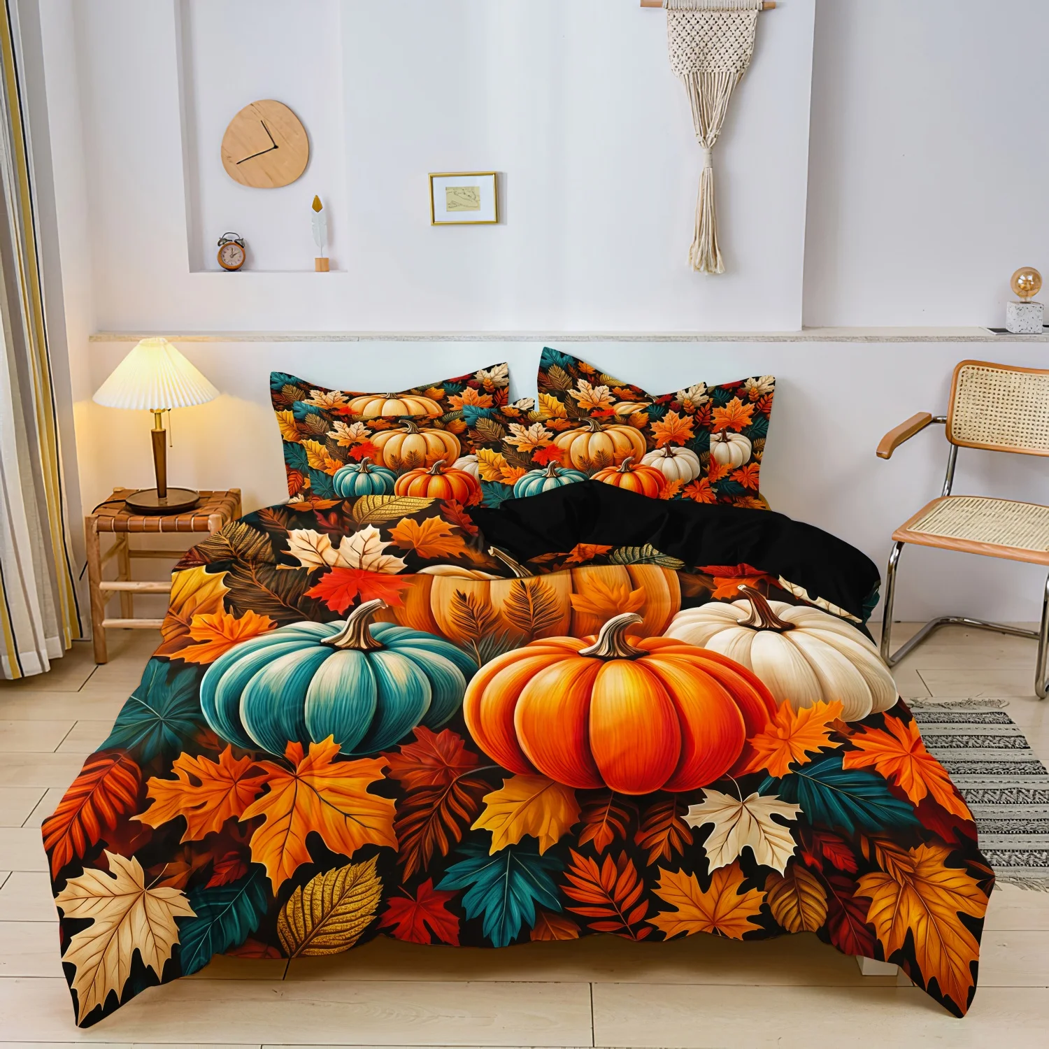 3 Pieces Vibrant Fall Harvest Pumpkin Print Duvet Cover Set, Multi‑Colored Pumpkins & Autumn Maple Leaves Pattern Bedding