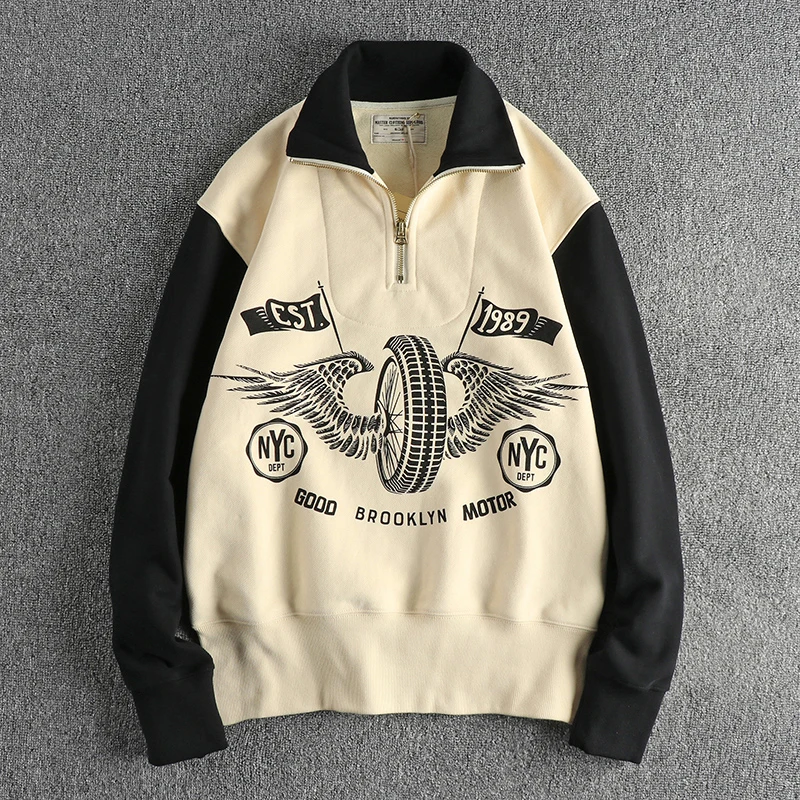 

Heavyweight Fleece Lined Stand Collar Sweatshirt Men's American Motorcycle Print Vintage Casual Long Sleeve Streetwear