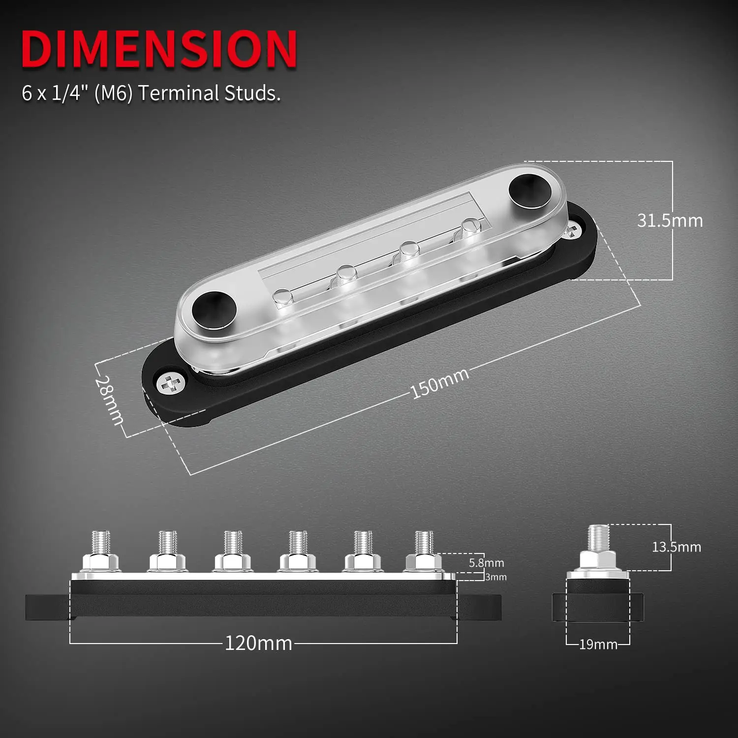 Marine Bus Bar 12V 6 x 1/4\