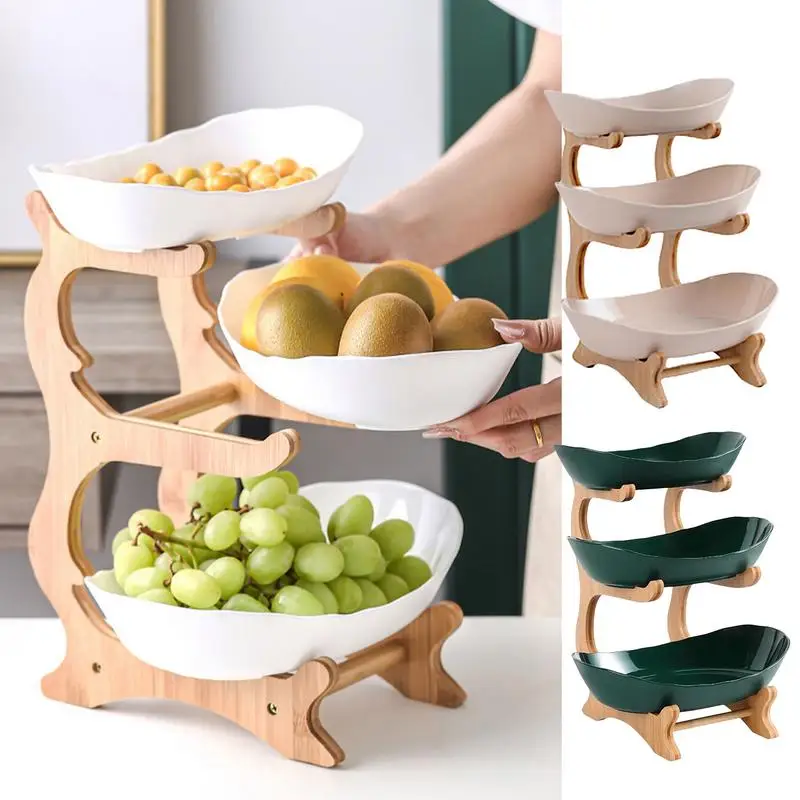 

3 Tiers Ceramic Fruit Basket Bowl Set w/ Wooden Stand Rack , Candy Dish Serving Kitchen Wooden Fruit Bowl Holder