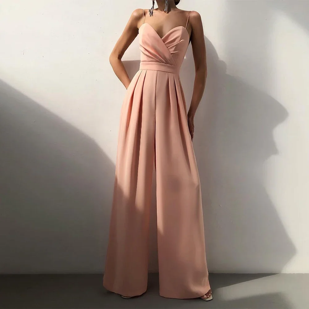 Cpsymym macacões verão magro ajuste chique dobras sem mangas querida pescoço comprimento total perna larga macacões casuais para mulher