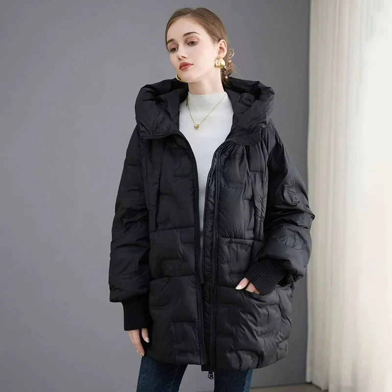 Alta qualidade newwomen pato branco para baixo jaqueta com capuz outono inverno casual solto sobre o tamanho outwear casaco quente