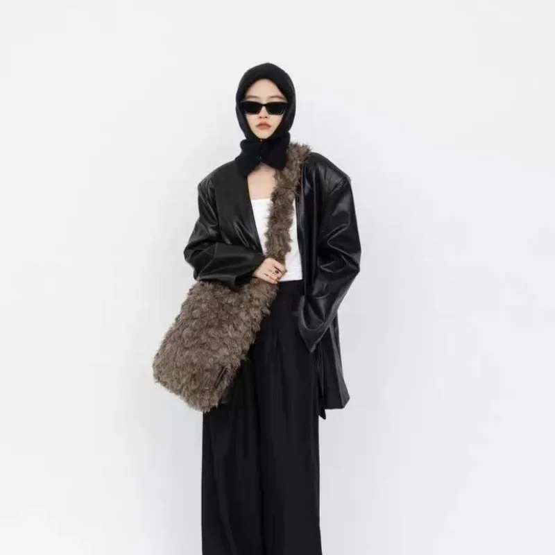 Japanese Vintage Trendy Women Solid Handbag Fashion Fluffy Simple All Match Shoulder Bag Y2k Grunge Crossbody Bags High-capacity