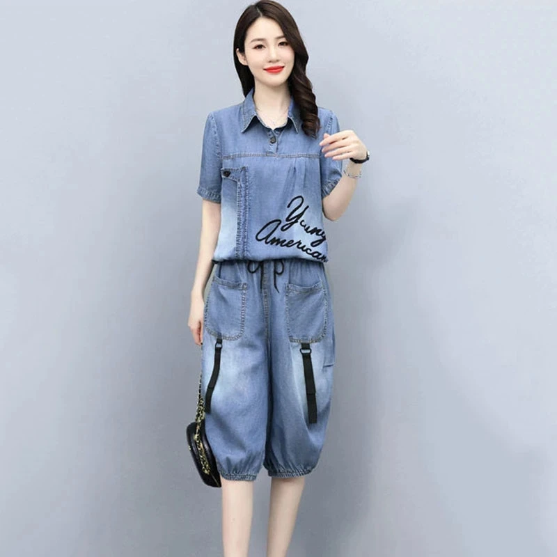 

2025 New Summer Women Denim Two-Piece Suit Fashion Blast The Street Sportswear Female Casual Loose Cowgirl Women 2 Piece Set