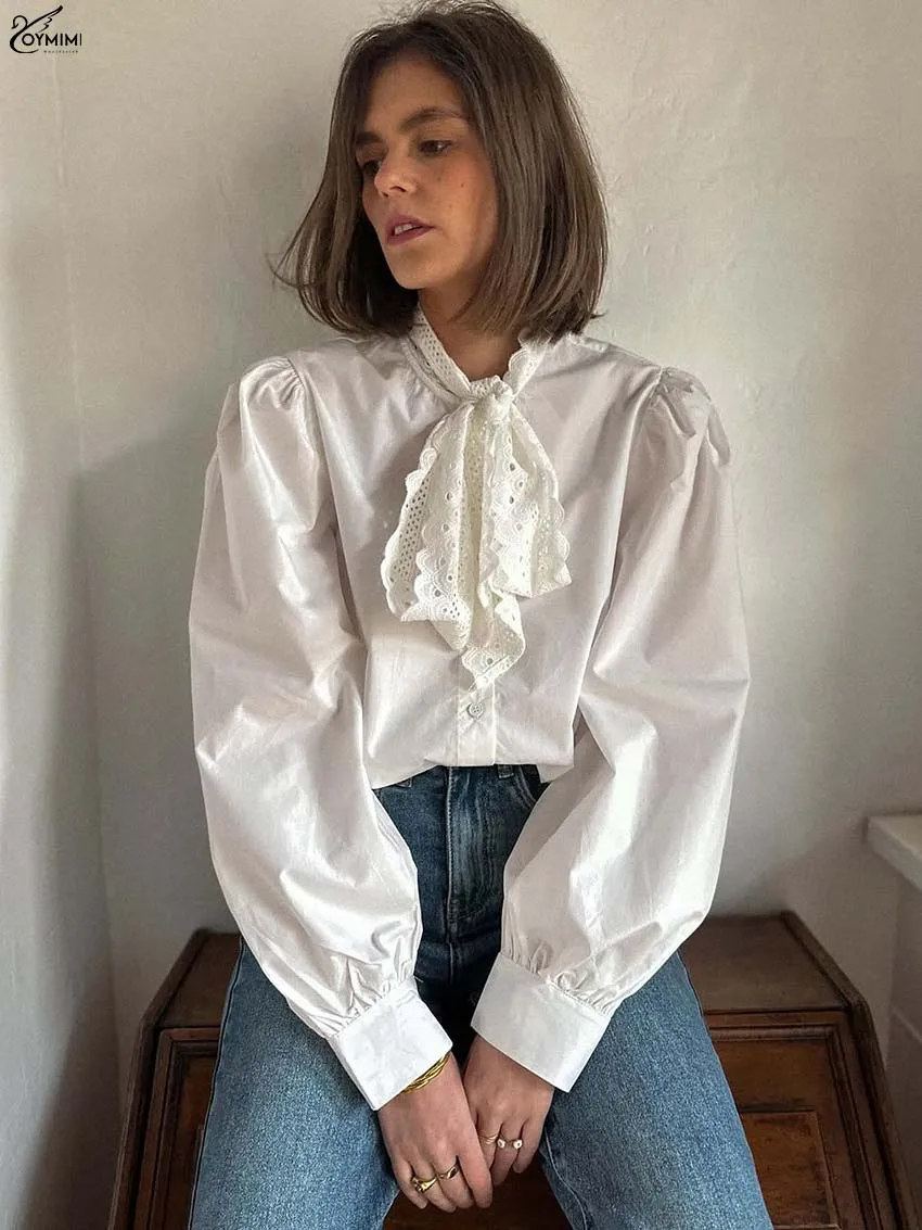 Oymimi, camisa informal de algodón blanco para mujer, camisas de manga larga con encaje a la moda, camisas con una botonadura, camisas elegantes nuevas sólidas con cordones y cuello