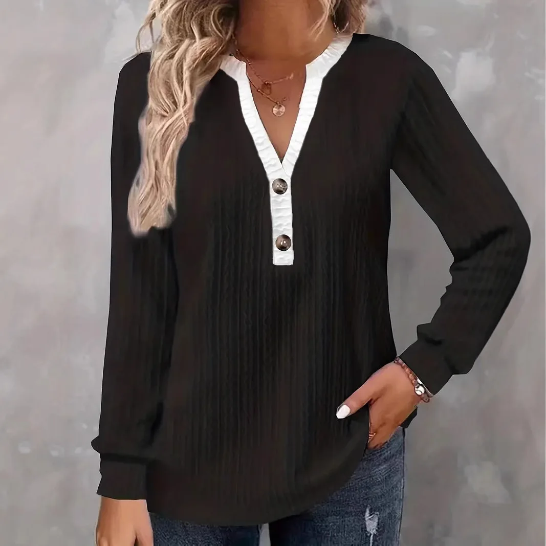 Fashionable Long Sleeve V-Neck Button up Pure Color T-Shirt Early Autumn Women's Wear New Style Cross-Border Online Store