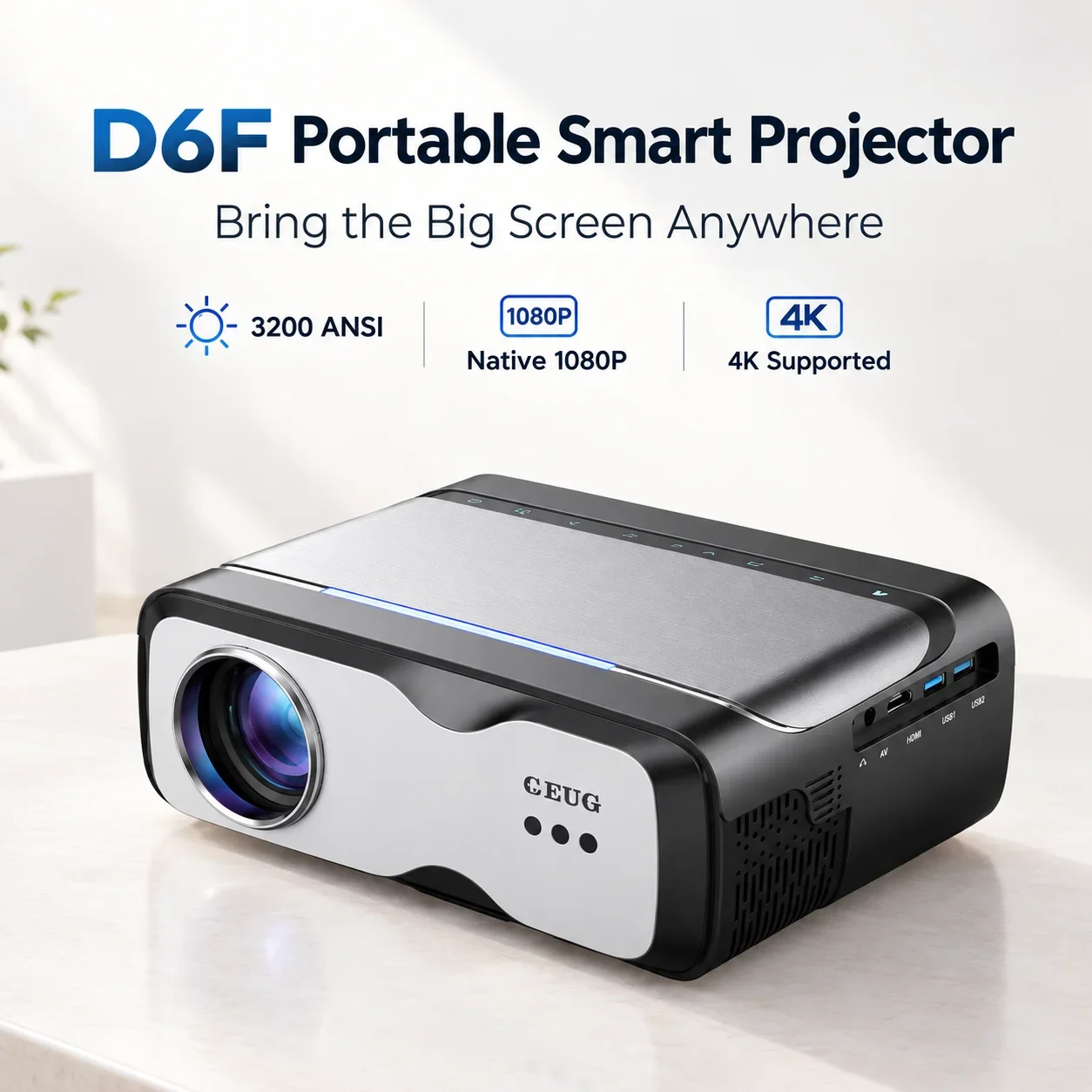 CWEUG D6F 4K Projector 3200 ANSI Native 1080P Smart Projector Auto Focus WiFi6 BT5.4 Portable Home Theater Video Projector 2026