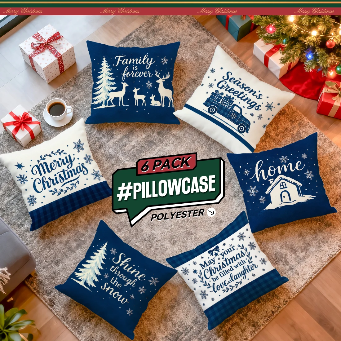 4/6 PCS Set Christmas Tree Elk Pillowcase Printed Polyester Throw Pillowcover Decorative Sofa Cushion Pillowslip Home Decor