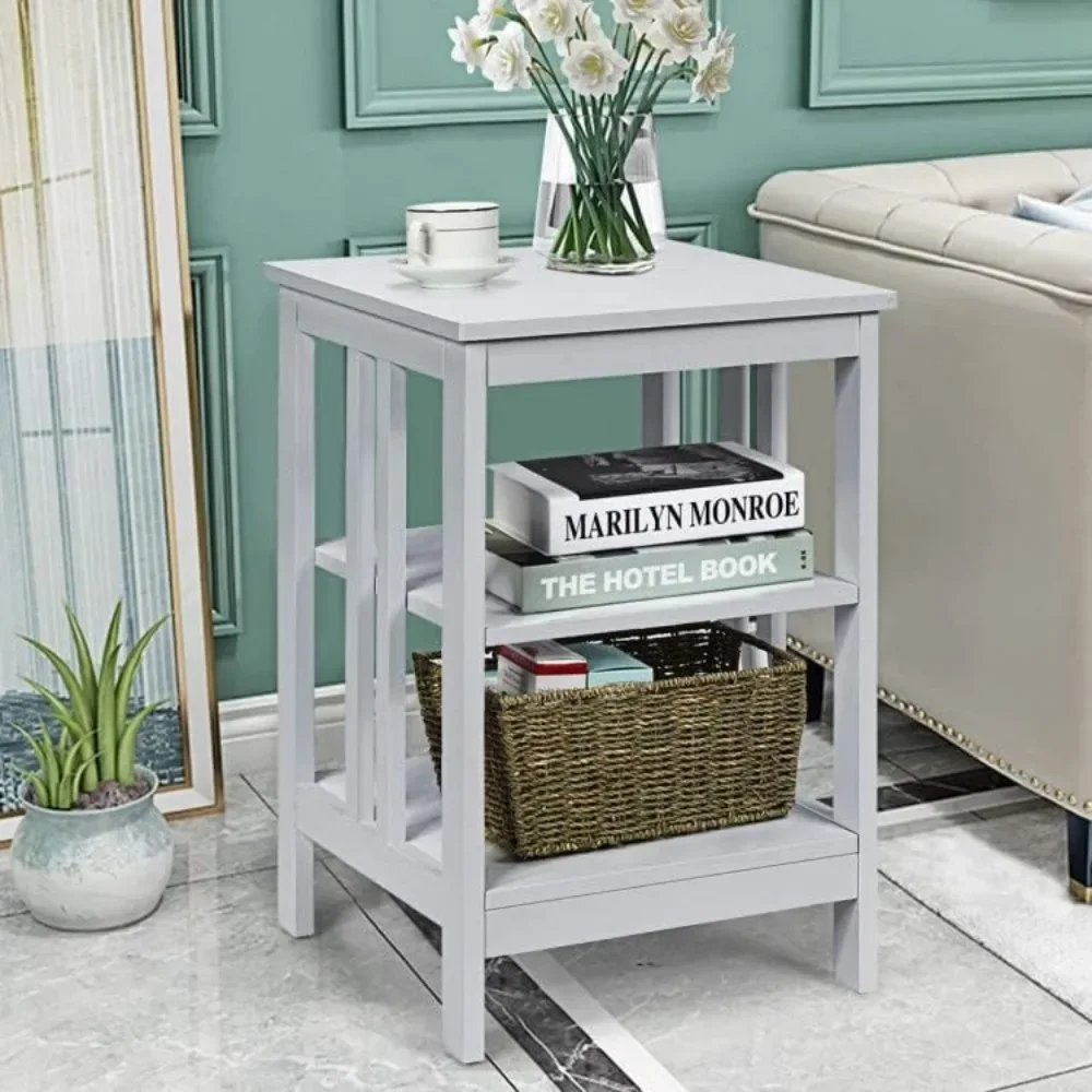 End Table Side Table with 3-Tier Storage Shelf for Living Room, Bedroom, Stable Wooden Frame, Easy Assembly