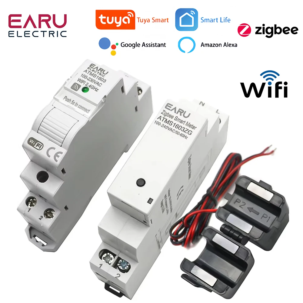 Tuya Smart WiFi  Zigbee Electricity KWH Meter Din Rail Single Phase AC 110V 240V 50A 63A CT AC Meter App Real Time Monitor Power