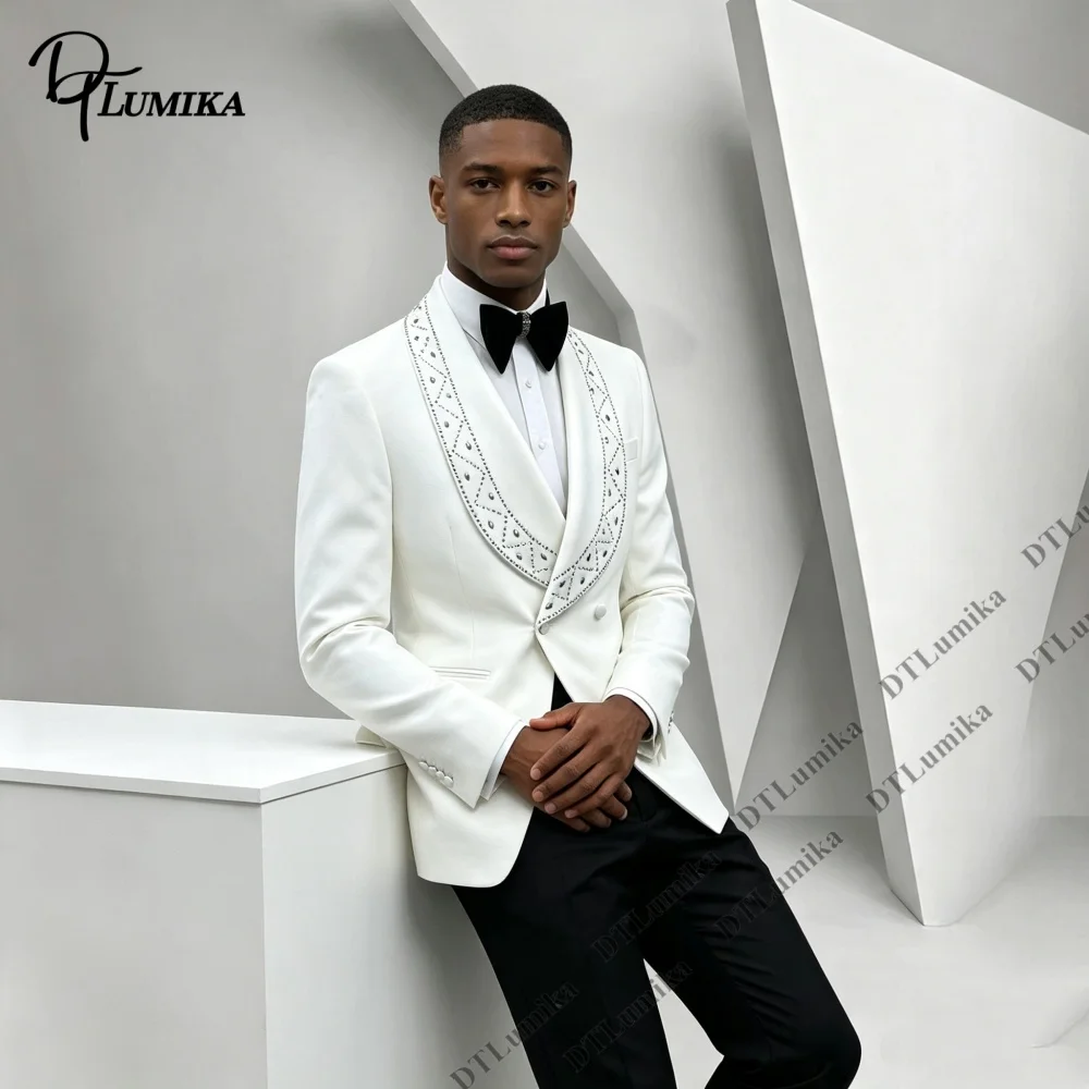 Crystal Rhinestone Shawl Lapel Formal Party Tuxedo Wedding Groom Prom Suit Double Breasted Jacket Pants Tailored Men's Suit Set