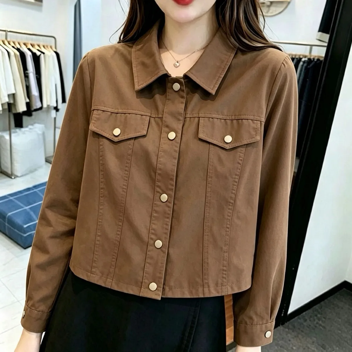 Fashionable Mom's Short Thin Jacket Women's Loose Workwear Style Button-Up Top Small Size Autumn Winter New Arrival