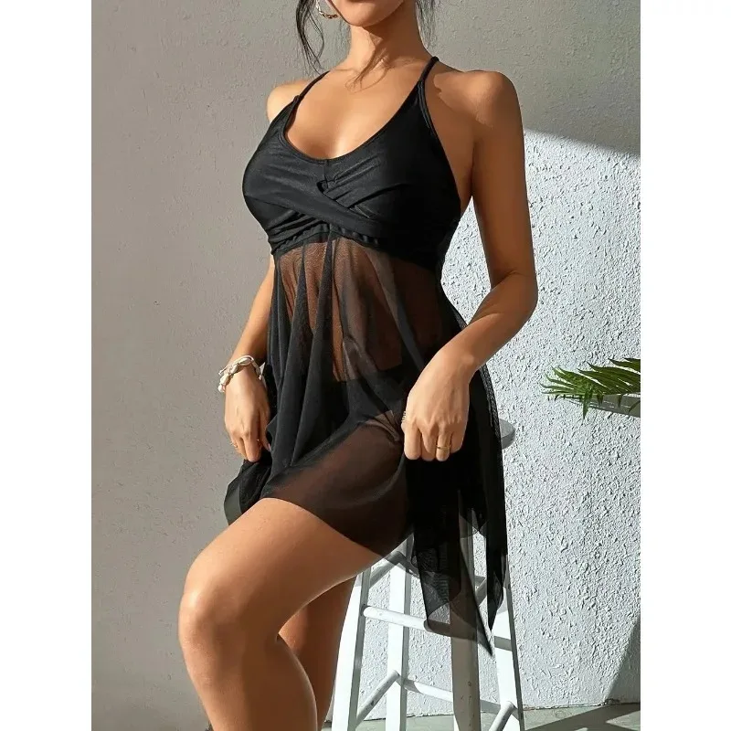 Sexy Mesh Swimdress Black Two Piece Swimsuit Women 2026 Swimwear Bikini Set Beachwear Bathing Suit Tankini Push Up Monokini 3XL
