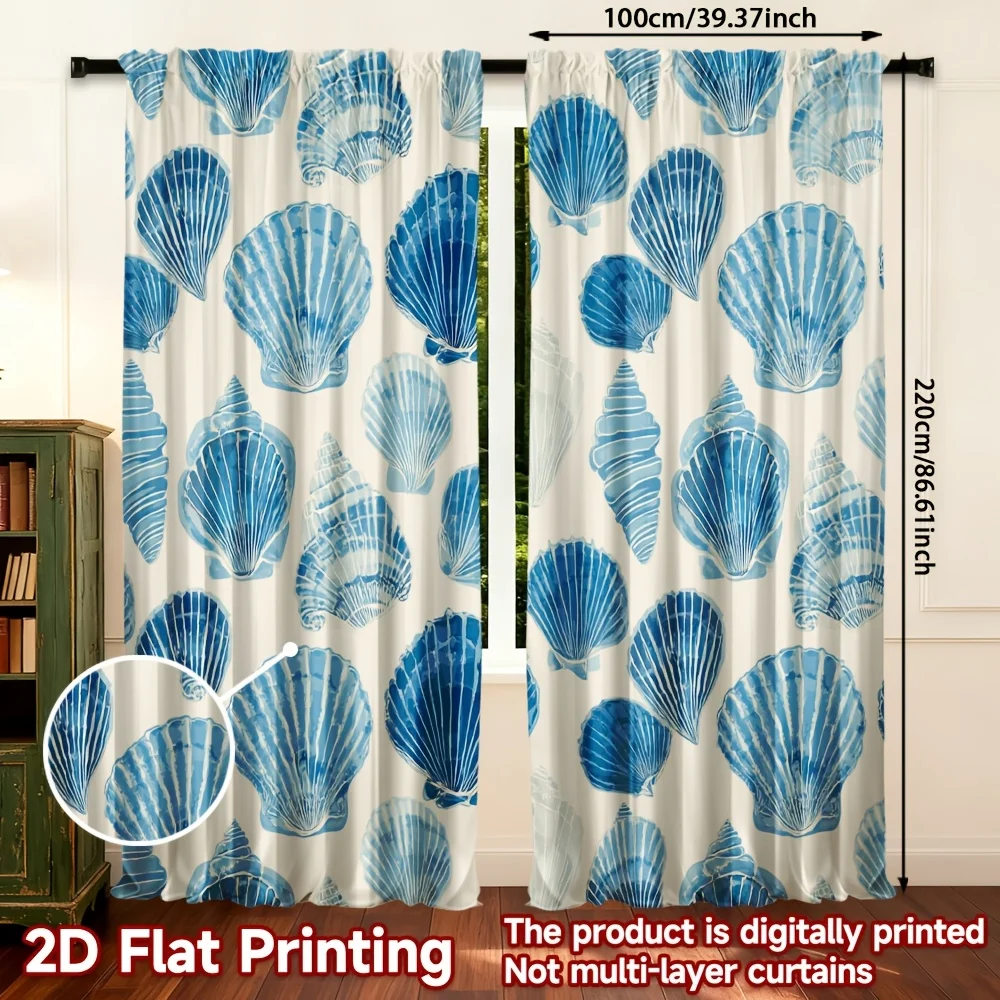 Coastal Nautical Blue Scallop Shell Pattern Curtains 2pcs Beachy Window Curtain Panel for Living Room Bedroom Home Decor
