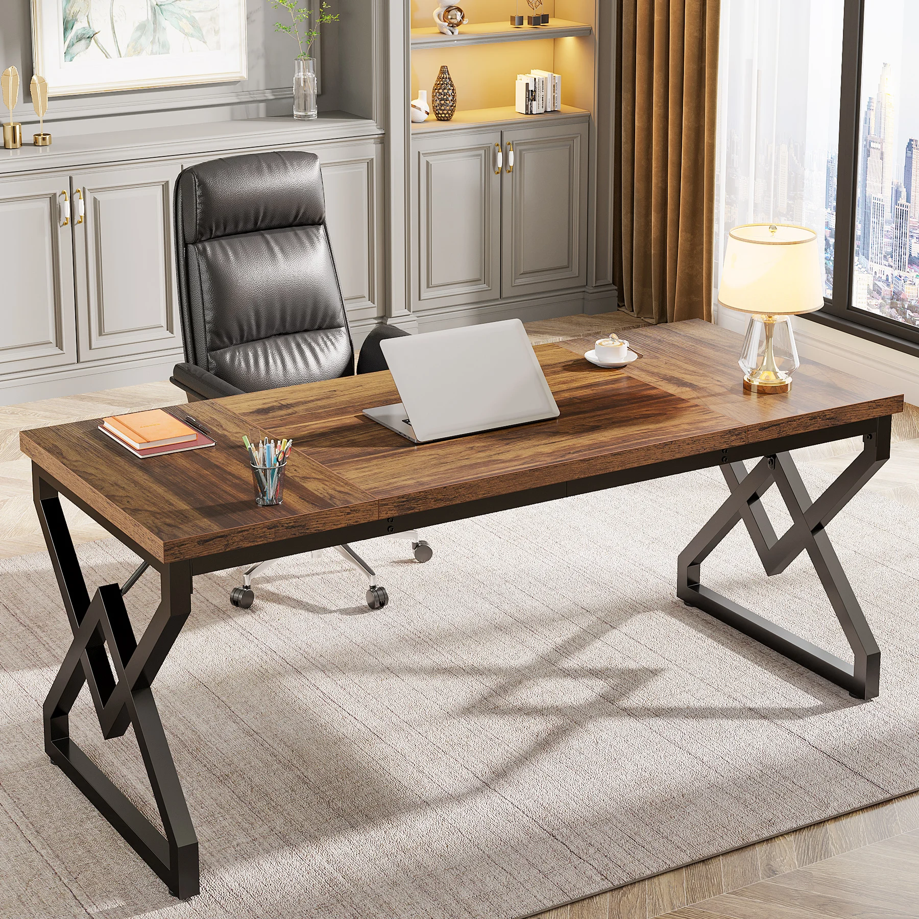 Tribesigns Escritorio ejecutivo, escritorio de oficina con tablero de madera extragruesa y estructura de metal, escritorio grande para computadora de 63 pulgadas