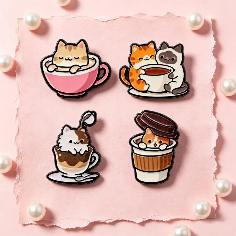 1/4Pcs Office Jewelry Cute Coffee Cat Themed Enamel Brooch Lapel Pins Badge For Backpack Clothing Accessories Friends Gifts