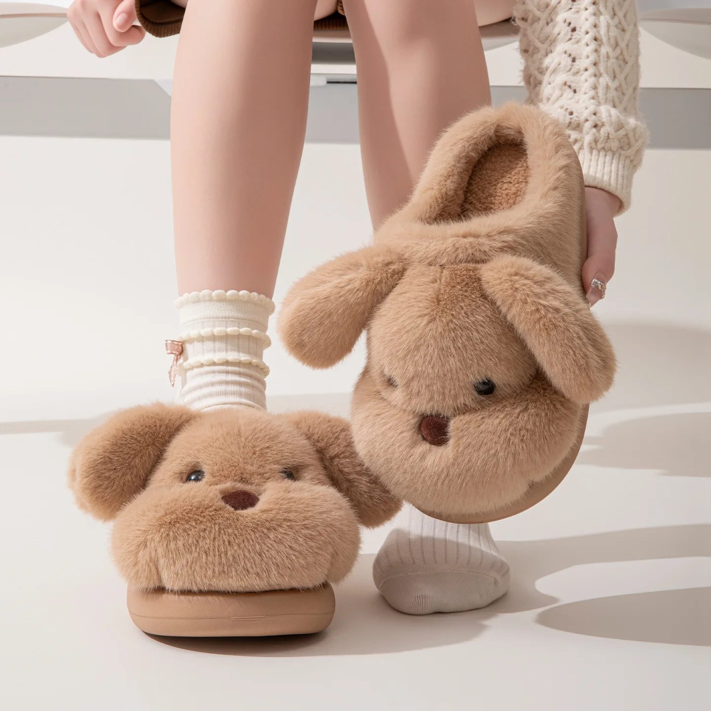 Trendy Cute Dog Plush Slippers Women's Outdoor Wear Autumn Winter Thick Bottom Warm Cover Head Cotton Slippers Fashion Slip-on