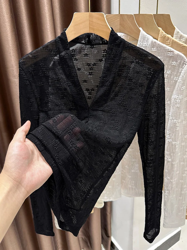 

Ele Lace Base irt Women's Long Sve V-Ne Me Top Slim Fit T-irt Inner Wear Autumn Winter Faion Trend