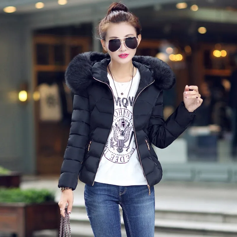 Trend Winter Women's Clothing Fur Collar Hooded Cotton Padded Jacket Warm Slim Fit Short Coat Zipper Long Sleeve Top Windproof