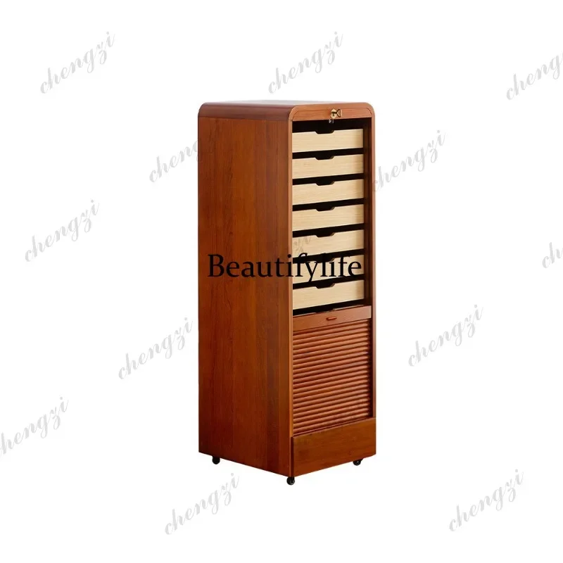 03 Rolling shutter door Treasure medieval cabinet Retro locker Removable file storage cabinet Cherry wood