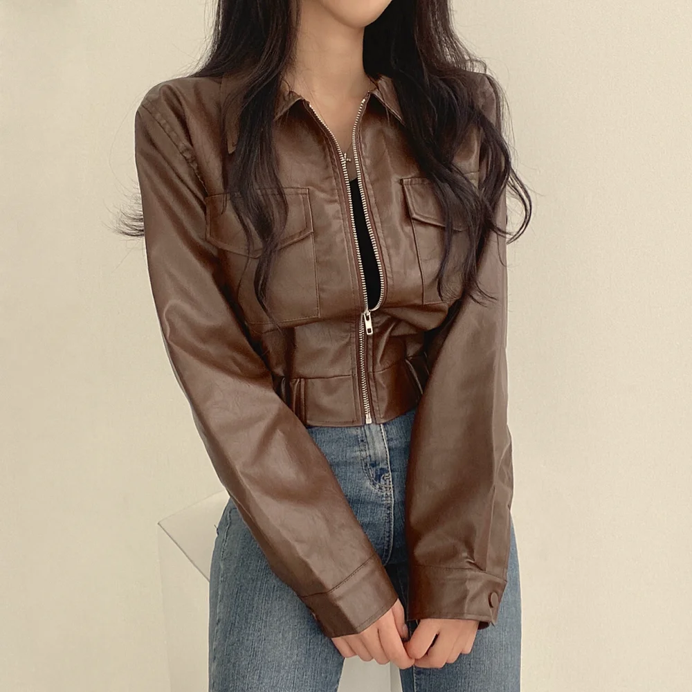 

French Vintage Short Leather Coat Women's Autumn Winter New Turn Down Collar Cardigan Jacket Top Chic Slim Versatile Coat