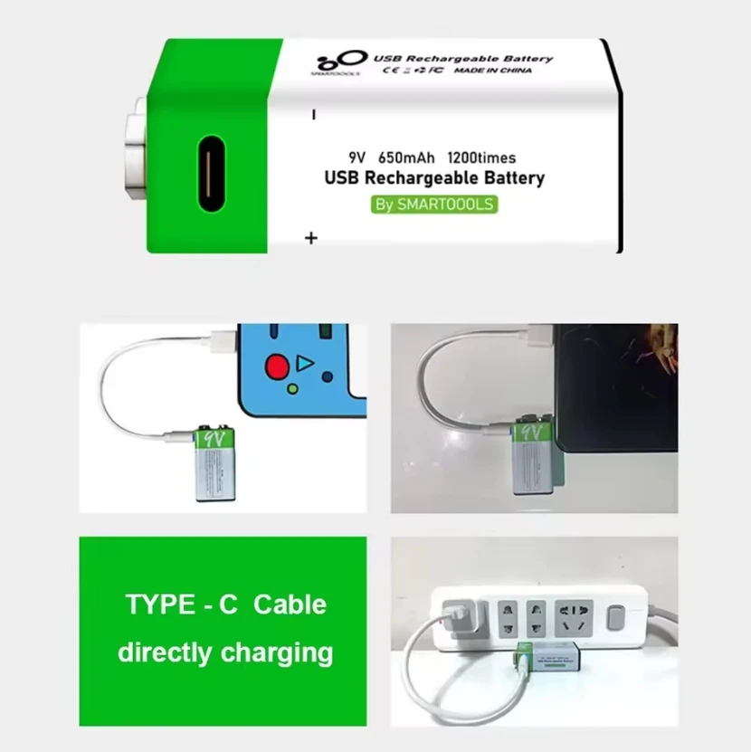 9V Lithium Ion Rechargeable Lithium  Battery Type-C USB Battery 9V Multimeter Microphone Metal Detector Cable Remote Control use