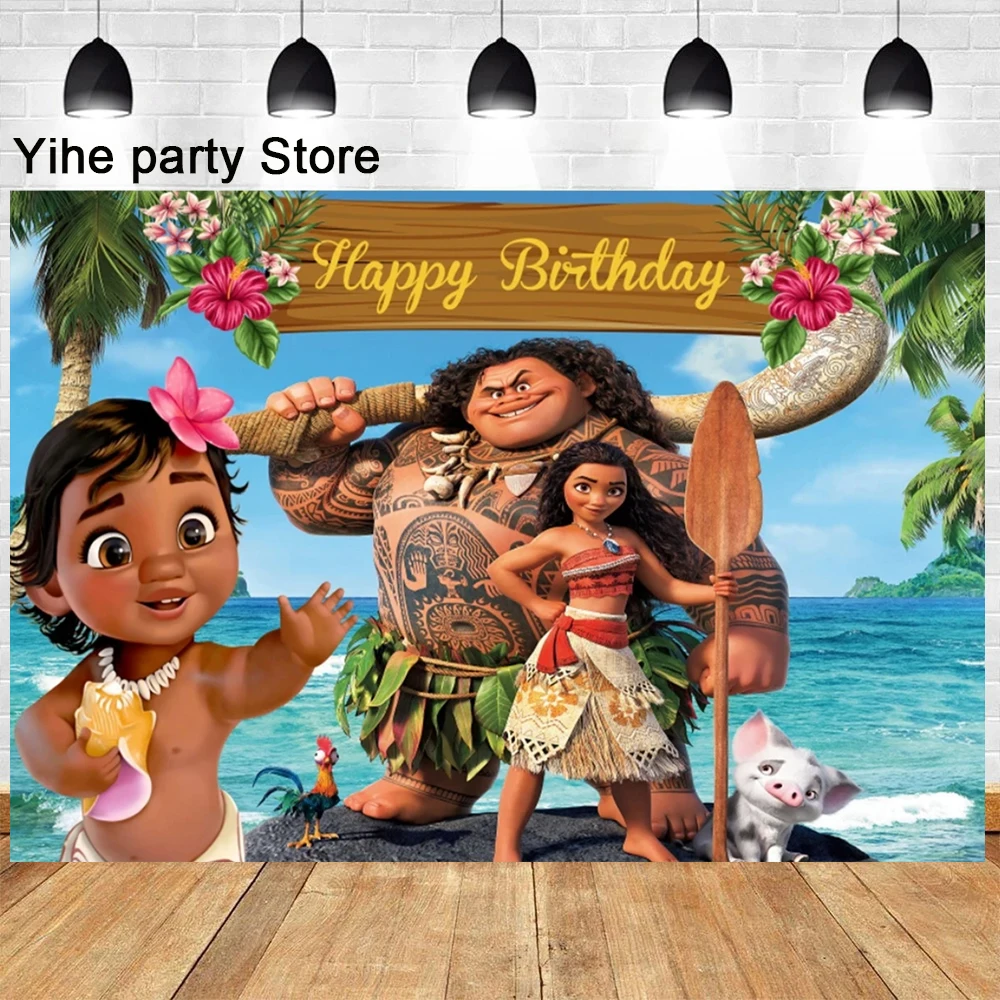 Baby Moana Theme Kids Birthday Party Summer Hawaiian Beach Palm Trees Blue Ocean Photo Background Kids Baby Shower Princess Prop