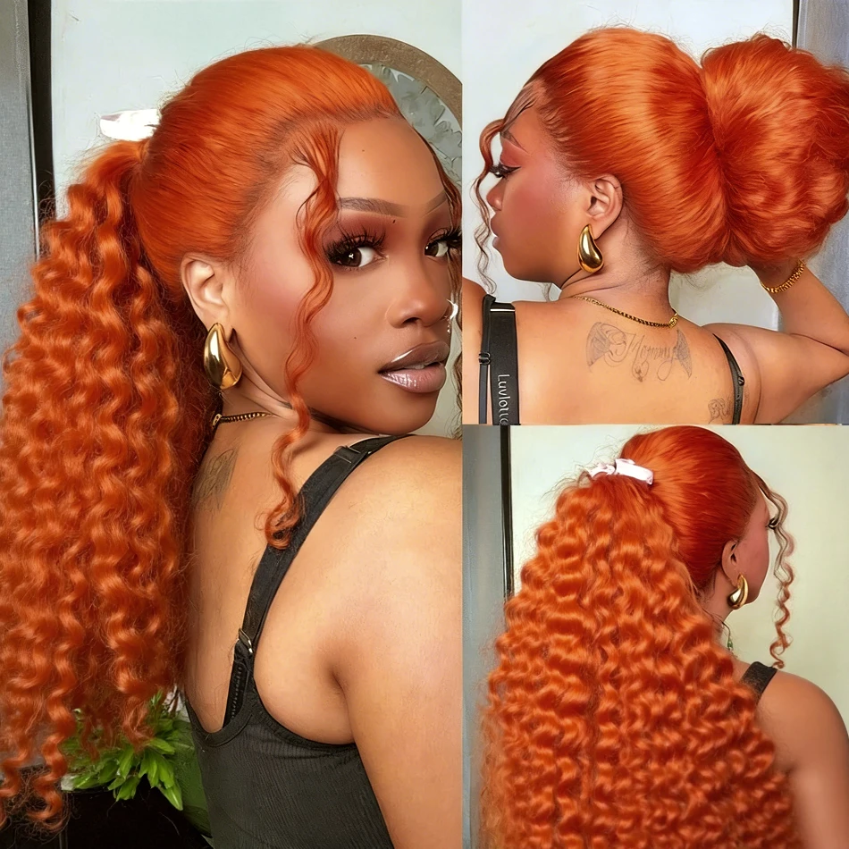 

HD Ginger Orange Deep Wave 13x4 13x6 Lace Frontal Wigs Water Wave 360 Full Lace Front Wig #350 Colored Curly Human Hair Wig 220%