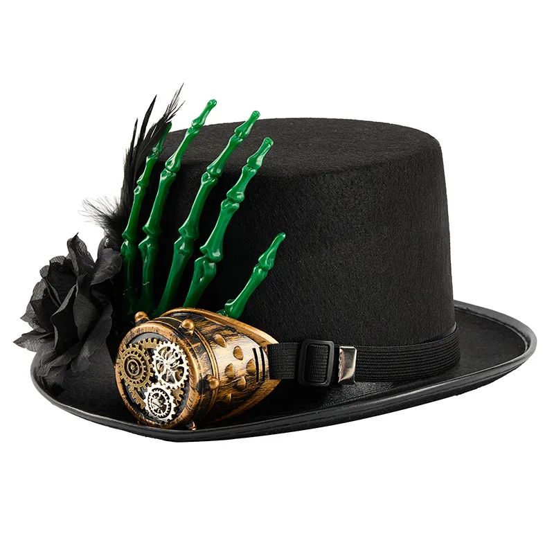 Unisex Felt Flat Top Cap Halloween Steampunk Hat Gothic Retro Monocle Lolita Skeleton Hand Rose Feather Gears Goggles Decorated